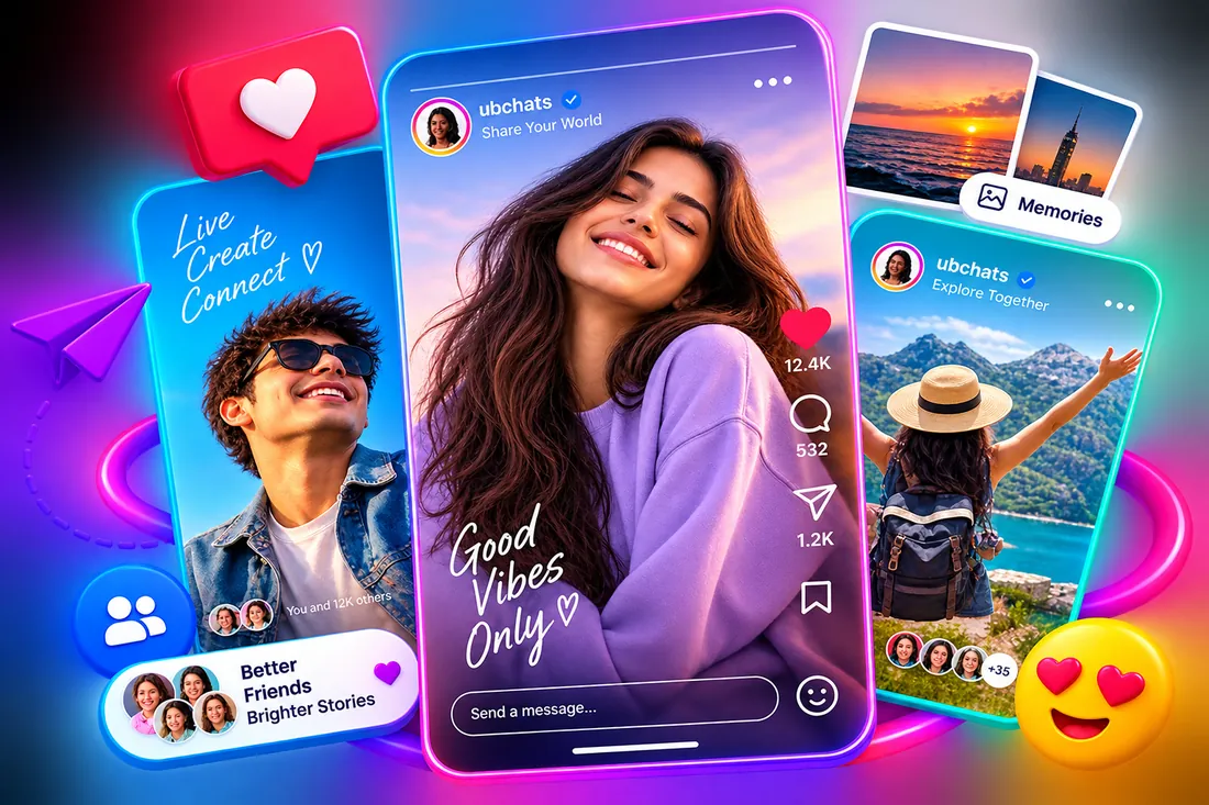 UBChats on phones: a feed post, a story and a photo memories card with likes and comments